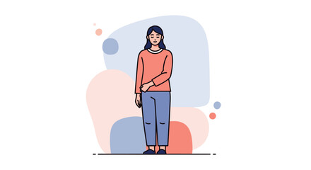 A woman stands confidently in front of colorful abstract shapes wearing casual clothes. © Adil
