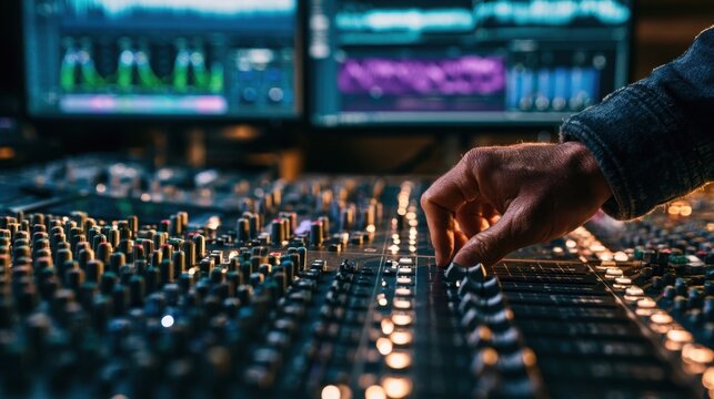 Audio mixing console with faders and knobs in a studio