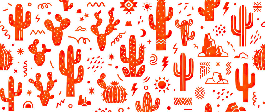 Vibrant Orange Cactus Pattern with Desert Elements and Boho Motifs