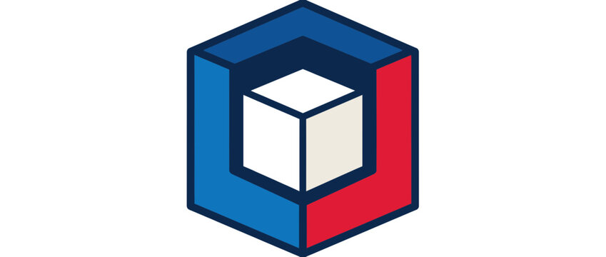Abstract geometric logo with nested cubes, blue and red frame, white cube inside