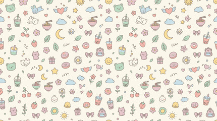 Fototapeta premium Colorful whimsical food icons pattern.