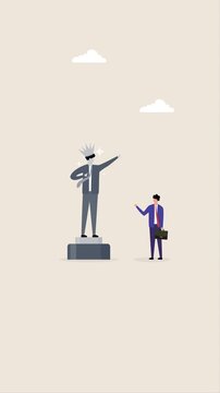 Ego, self important, businessman looks at statue of his self success and thinks about his ego animated motion graphic.