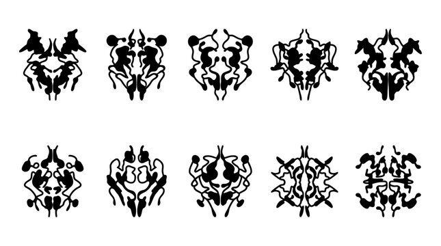 Abstract Rorschach Inkblot Tests Collection, Psychology Concept, White Background