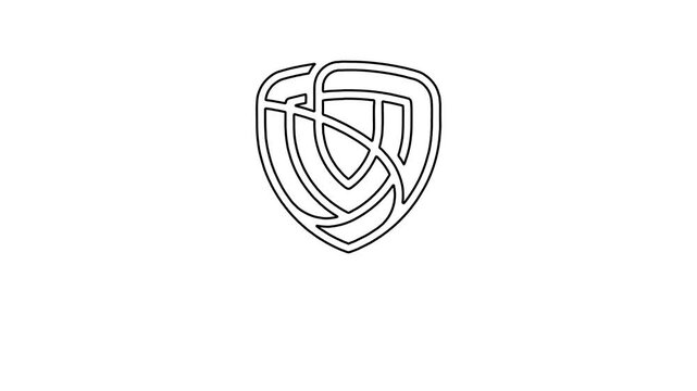 A logo design concept featuring intertwined shapes forming a shield