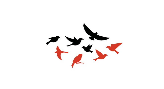 A flock of birds in flight, showcasing various red and black silhouettes.