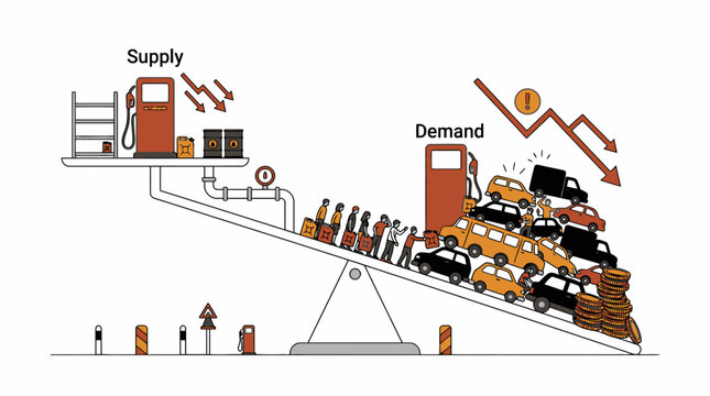 Illustration of supply and demand imbalance in the fuel and oil industry. EPS Editable