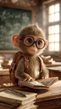 Curious baby monkey wearing round glasses and a small backpack reads a colorful book in a classroom setting