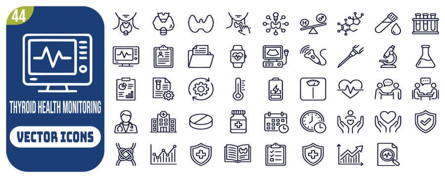 Thyroid health monitoring line icon set. Vector pictograms of endocrinology diagnostic, hormone screening, patient care, and medical treatment elements, thin linear illustration.