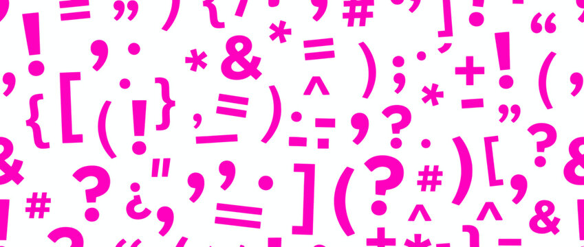 Seamless Pattern of Pink Punctuation and Symbols on White Background