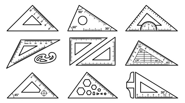 Set of Drafting Tools: Rulers, Triangles, Protractor, French Curve