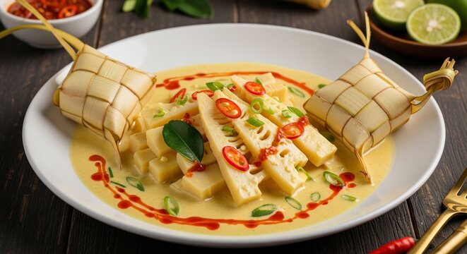 Ketupat rice cakes and curry dish
