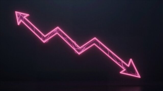 Neon pink arrow graph shows fluctuating trends against a dark background.