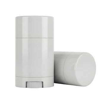 White plastic deodorant stick containers on white background