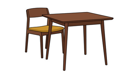 Fototapeta premium Hand-drawn illustration of a minimalist wooden dining table and chair, designed with a clean aesthetic perfect for interior concepts, home decor, or cafe settings
