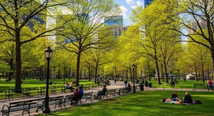 Obraz premium Vibrant Spring Park Scene with Lush Green Trees and People Relaxing on Benches.