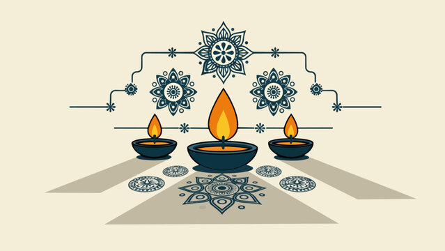 Decorative Traditional Oil Lamps with Intricate Mandala Patterns for Diwali Festival Celebration and Spiritual Light Illustration