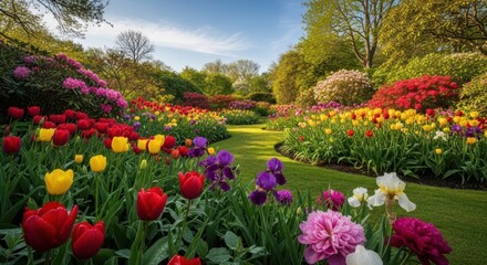 Obraz premium Vibrant Spring Garden Pathway Lined with Colorful Tulips and Blooming Flowers.