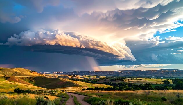 Dramatic stormy landscape with rolling hills.
