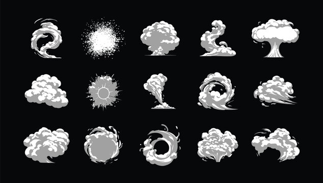 Cartoon smoke clouds and explosion effects set. Comic blast, steam puff, dust trail, mushroom cloud and wind swirl elements for game design and animation VFX isolated on black background.