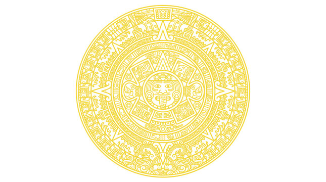 Golden Aztec Sun Stone Calendar on White Background