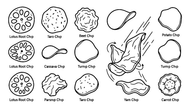 Set of hand drawn vegetable chips illustrations for food design.