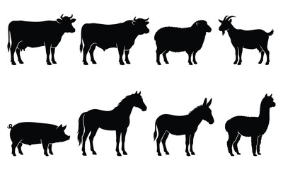 Obraz premium Farm Animal Silhouette Collection with Cow Bull Sheep Goat Pig Horse Donkey and Alpaca Icons