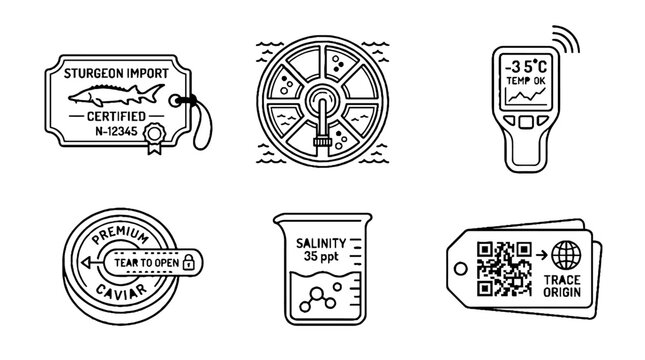 Set of line icons representing caviar quality control and supply chain logistics.
