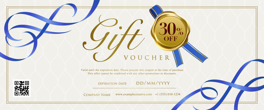 Elegant Gift Voucher Template with Blue Ribbon & Gold Wax Seal
