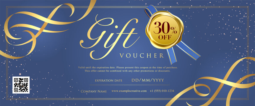 Luxury Blue & Gold Gift Voucher Template with Ribbon & Wax Seal
