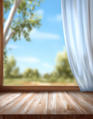 Naklejka premium A view through a window showing white curtains, wooden floor, and a blurred natural outdoor scene with greenery and blue sky.