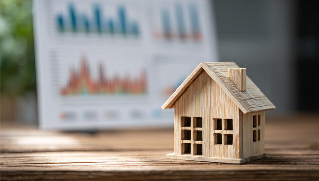 A small wooden house model is placed on a wooden table with business charts in the background, related to real estate and financial analysis.