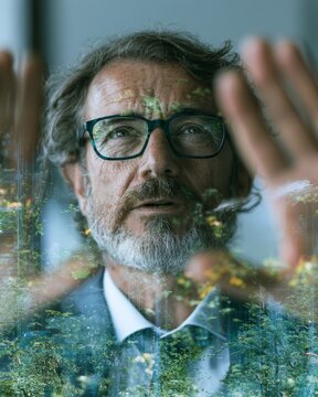Man with glasses and beard observes a tree person gazes at nature appreciating outdoor scene
