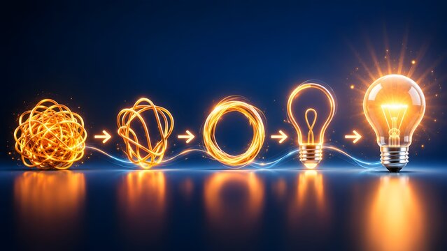 Glowing tangled wire transforming into bright lightbulb in sequential steps. Concept of business problem solving, creative innovation, and complex workflow simplification process