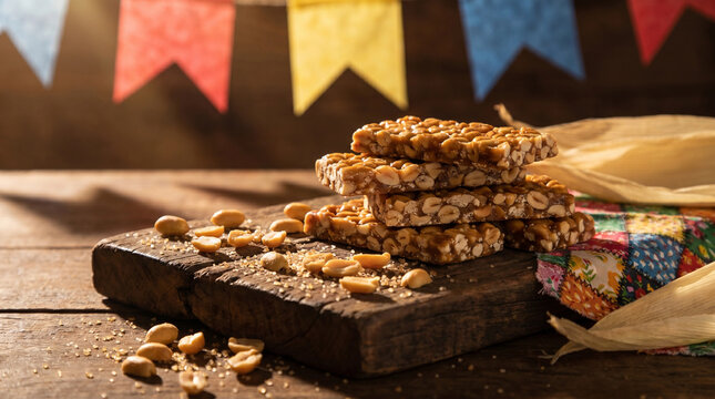Pe de moleque and peanuts on a rustic wooden board with festive flags