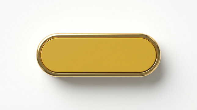 Golden, shiny, metal button, oval shape, yellow gold, blank label, isolated on white