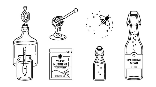 Set of hand drawn elements for making mead and sparkling honey wine.