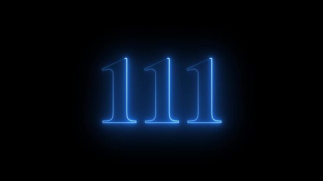 Neon 111 number mathematics text icon animation blue color text on black background.