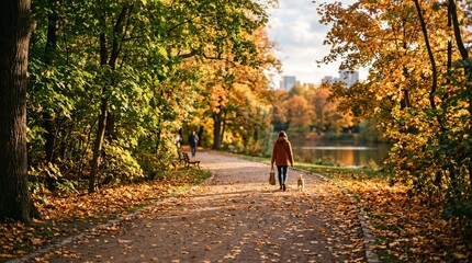 Fototapeta premium Woman walks dog on path in autumn park with colorful leaves and lake