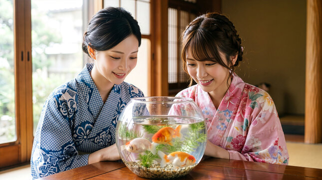 和室のテーブルに置かれた金魚鉢を笑顔で見つめる浴衣を着た女性たち