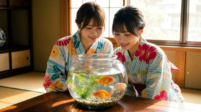 和室のテーブルに置かれた金魚鉢を笑顔で見つめる浴衣を着た女性たち