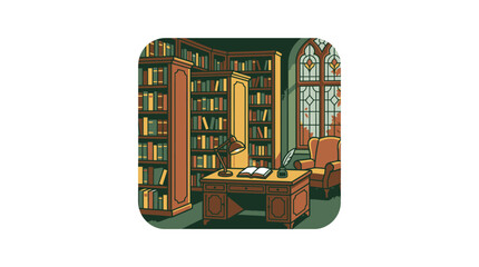 Academic library interior with high bookshelves and desk © CethakCethik