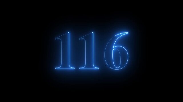 Neon 116 number mathematics text icon animation blue color text on black background.