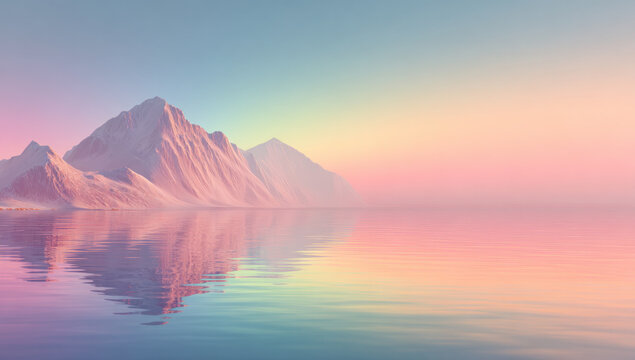 A mountain range with soft pastel hues reflects beautifully in calm, still waters under a gradient sky.