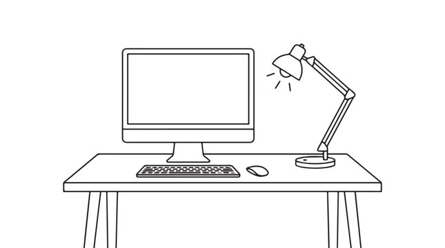 Modern Office Workspace Line Art Illustration Featuring Computer Keyboard Mouse and Desk Lamp