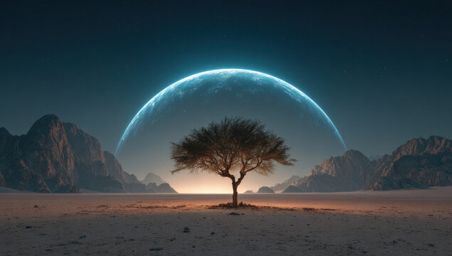 A solitary tree stands in a desolate desert, with a blue alien planet rising over distant mountain peaks under a dark night sky.