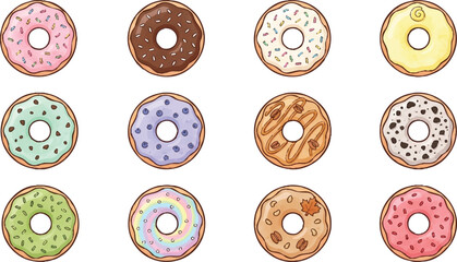 Naklejka premium Colorful donuts with sprinkles and frosting.