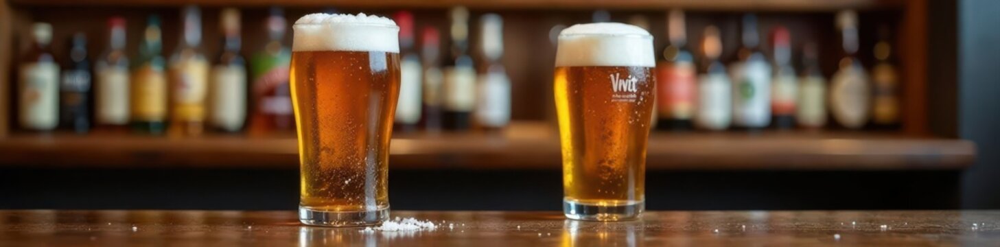 Frosty pint of beer with thick head on dark wood bar, cold, liquid
