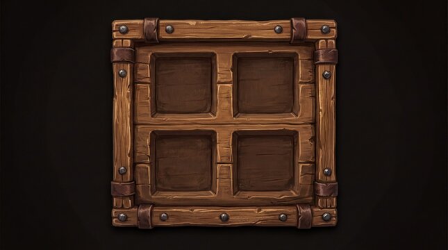fantasy game asset, a richly textured medieval wooden inventory panel featuring iron rivets and leather straps