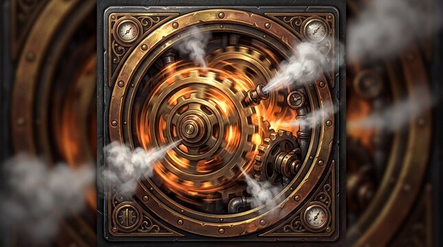 steampunk mechanics, a dynamic overclock icon features spinning gears and steam in a steampunk style