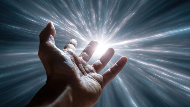 A human hand reaches outward, attempting to grasp a bright, glowing light source, symbolizing aspiration and connection to something greater.